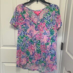 Lilly Pulitzer Disney Pink, Green & Blue Floral V-Neck Short Sleeve Tee